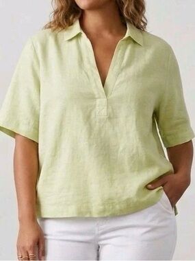Rachel Zoe Linen Shirt XL Green Deep V Neck Popover Boxy Short Sleeve  NWT